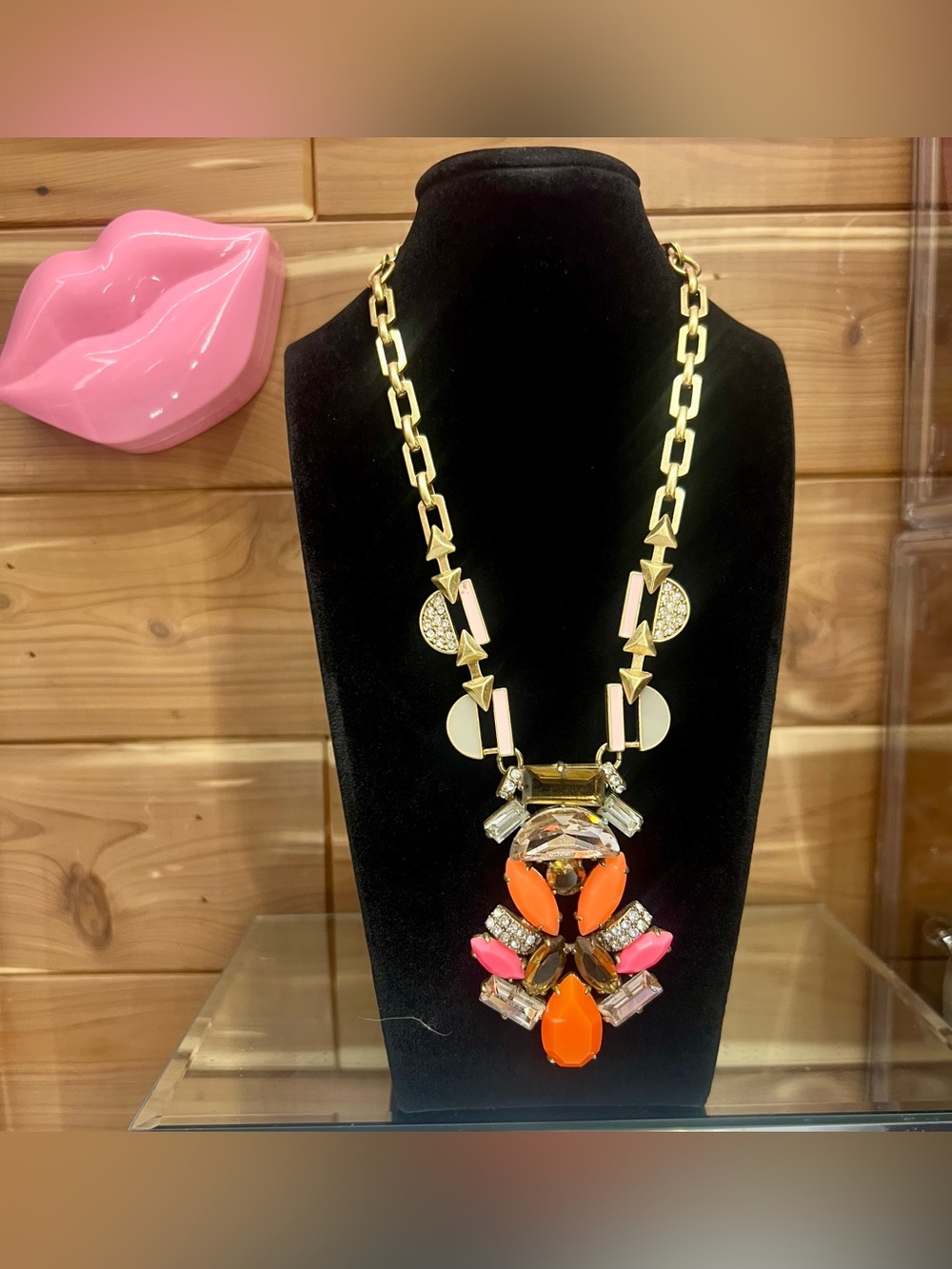 Stella & Dot Gold-Tone Necklace with Orange and Pink Gem Pendant